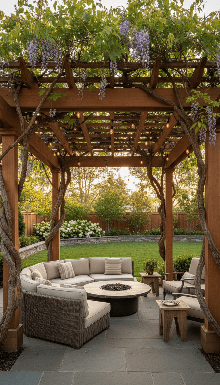 Cedar pergola with climbing plants over patio