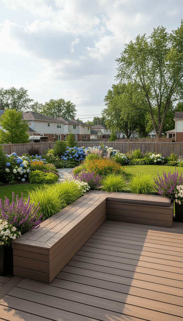 Modern composite deck with integrated seating