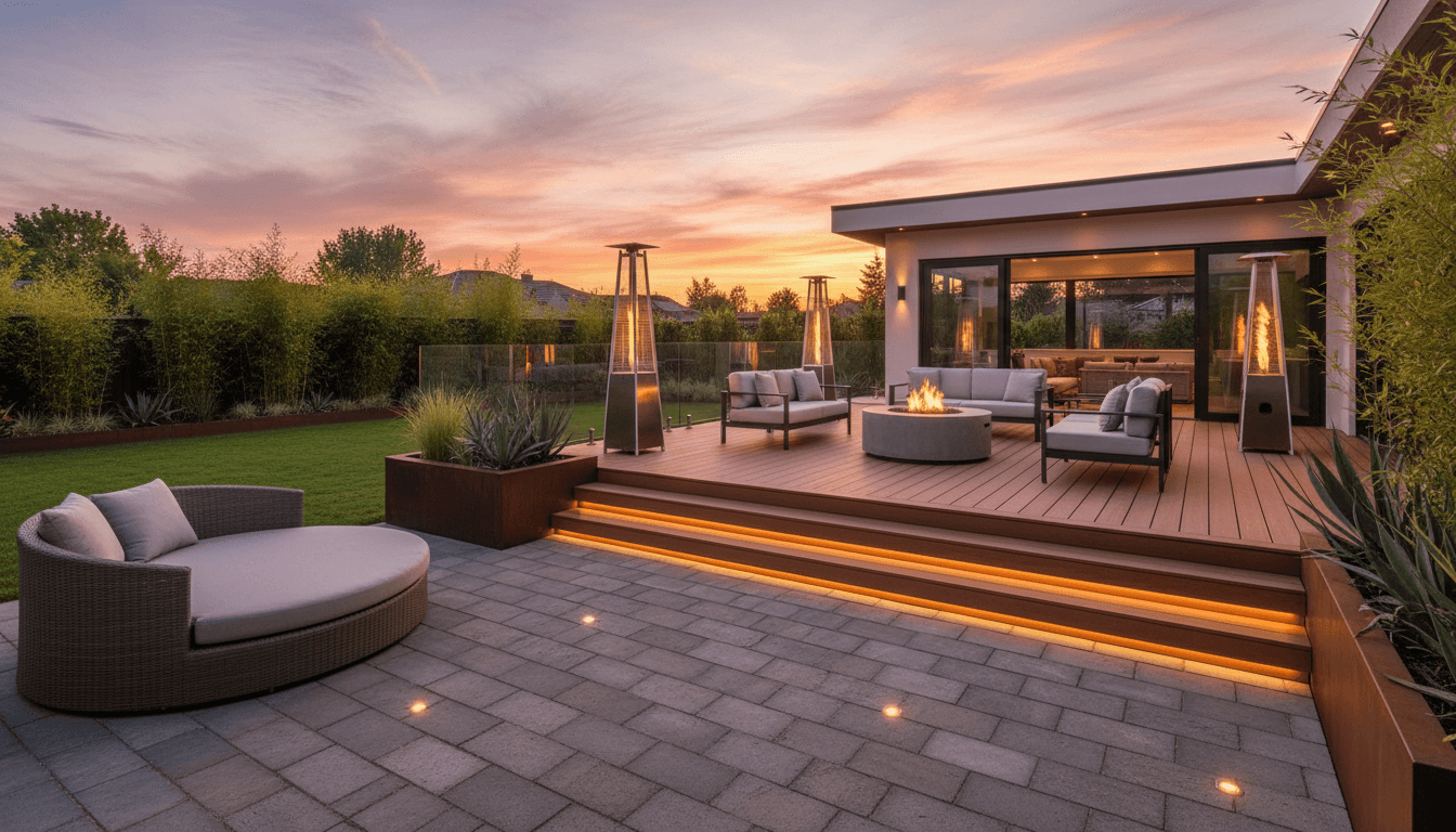 Modern backyard transformation featuring a composite deck and interlocking stone patio with outdoor seating area