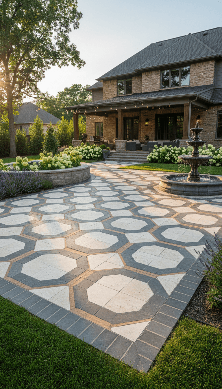 Interlocking stone patio with geometric design