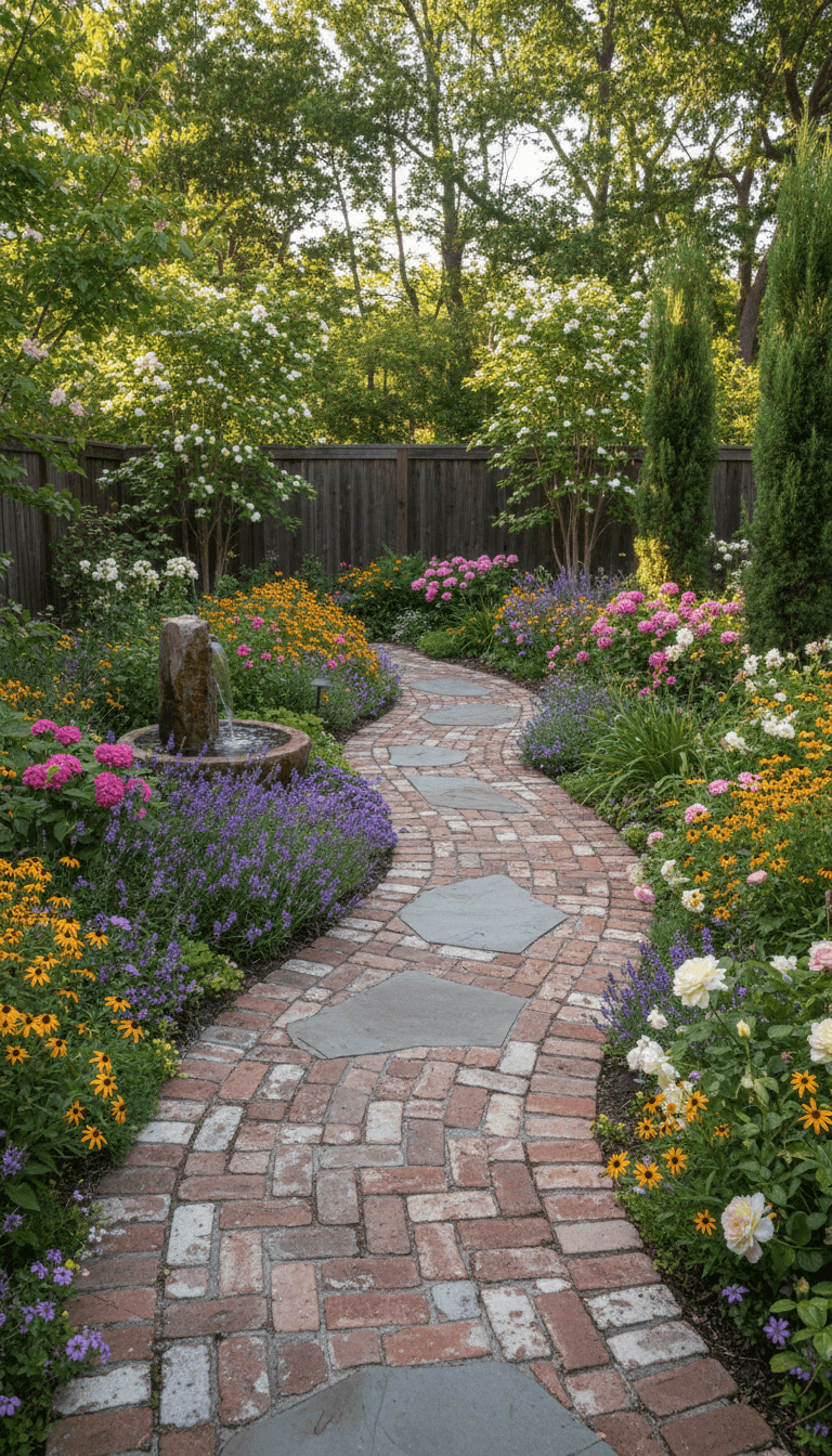 Curved walkway through backyard landscape