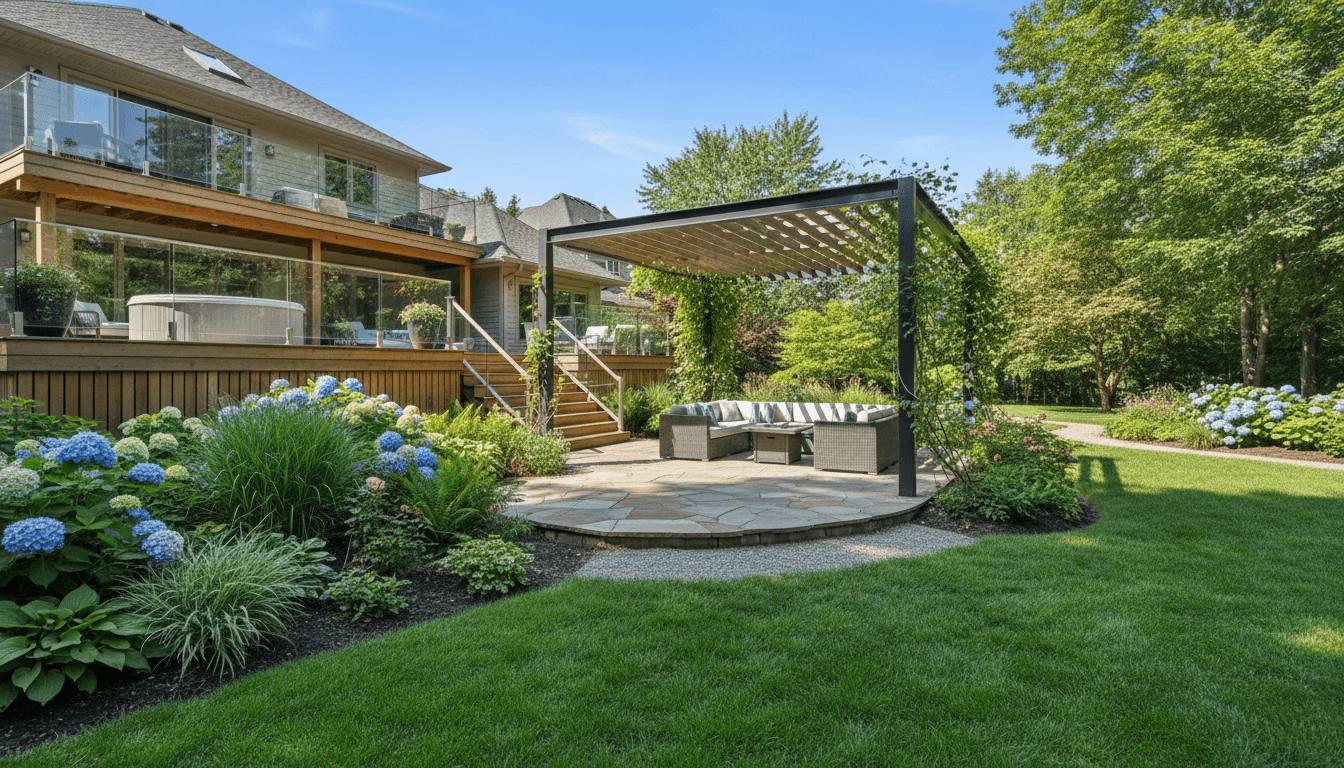 Custom backyard transformation with modern deck and interlocking stone patio by ELRING BACKYARD BUILDS