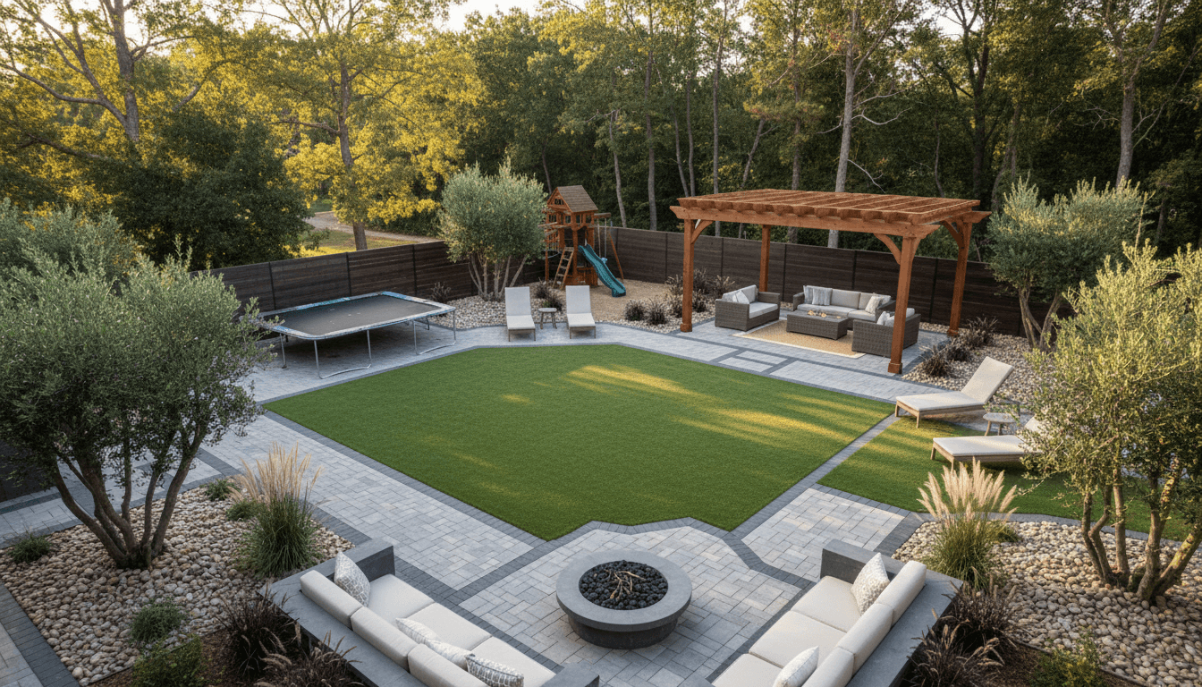 Finished backyard patio with interlocking stone and custom landscaping