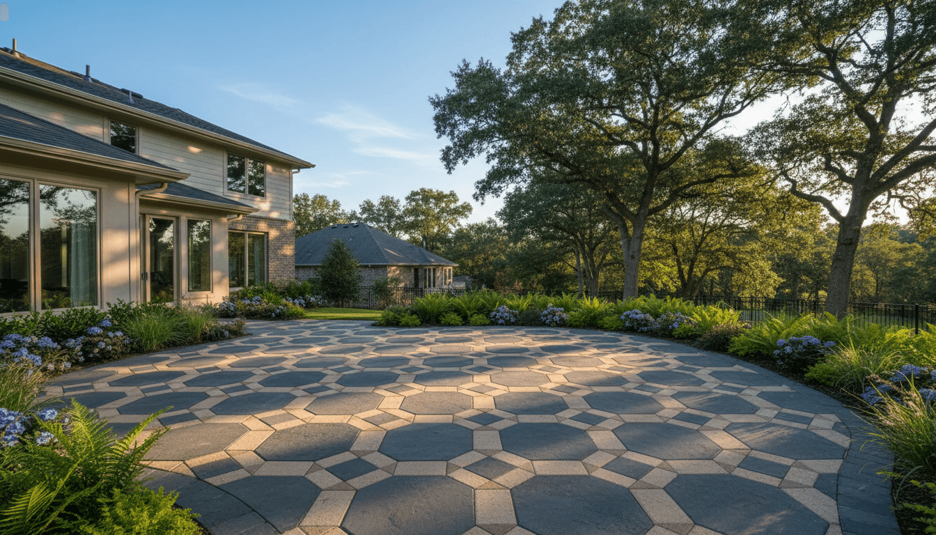 Large stone patio with professional layout and landscaping borders