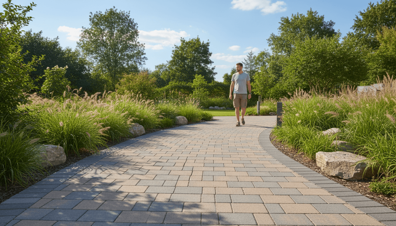 Curved stone walkway with integrated landscape lighting in evening