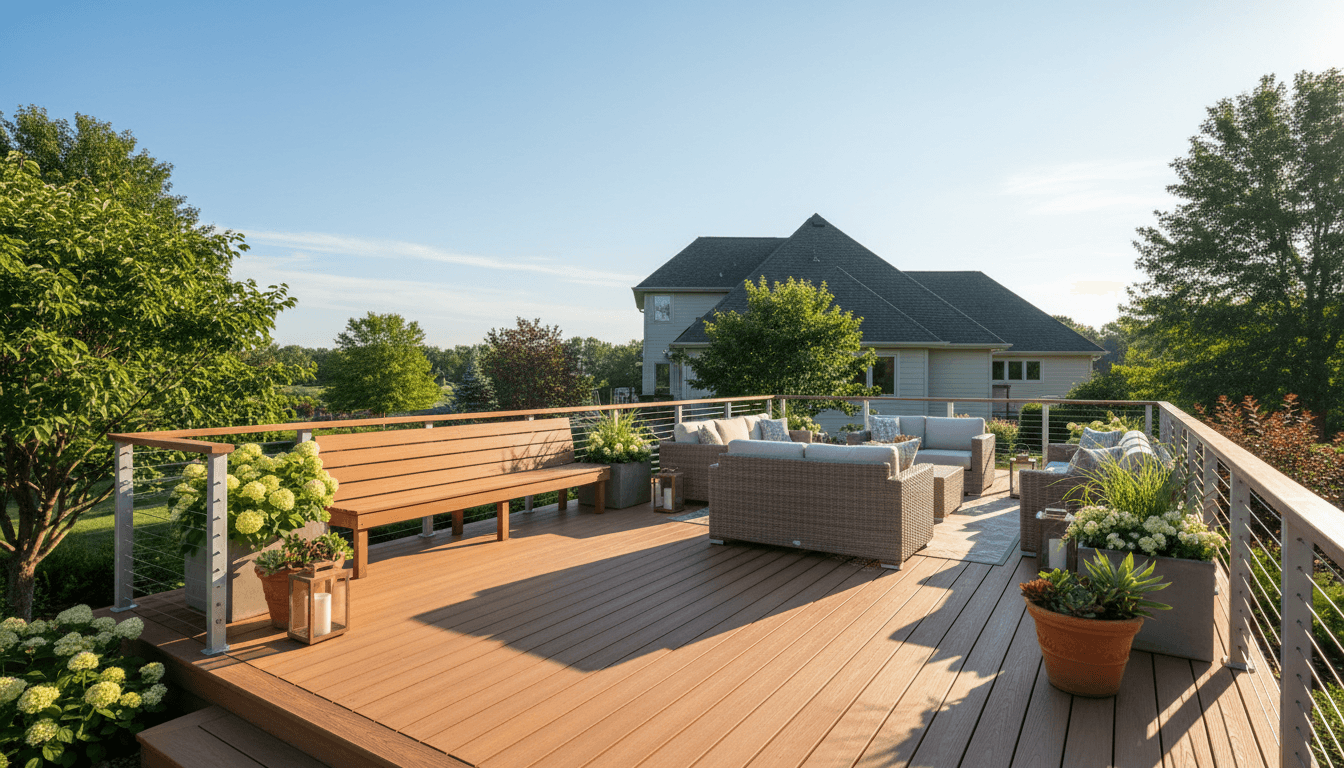 Full backyard project combining deck, patio, and landscaping elements