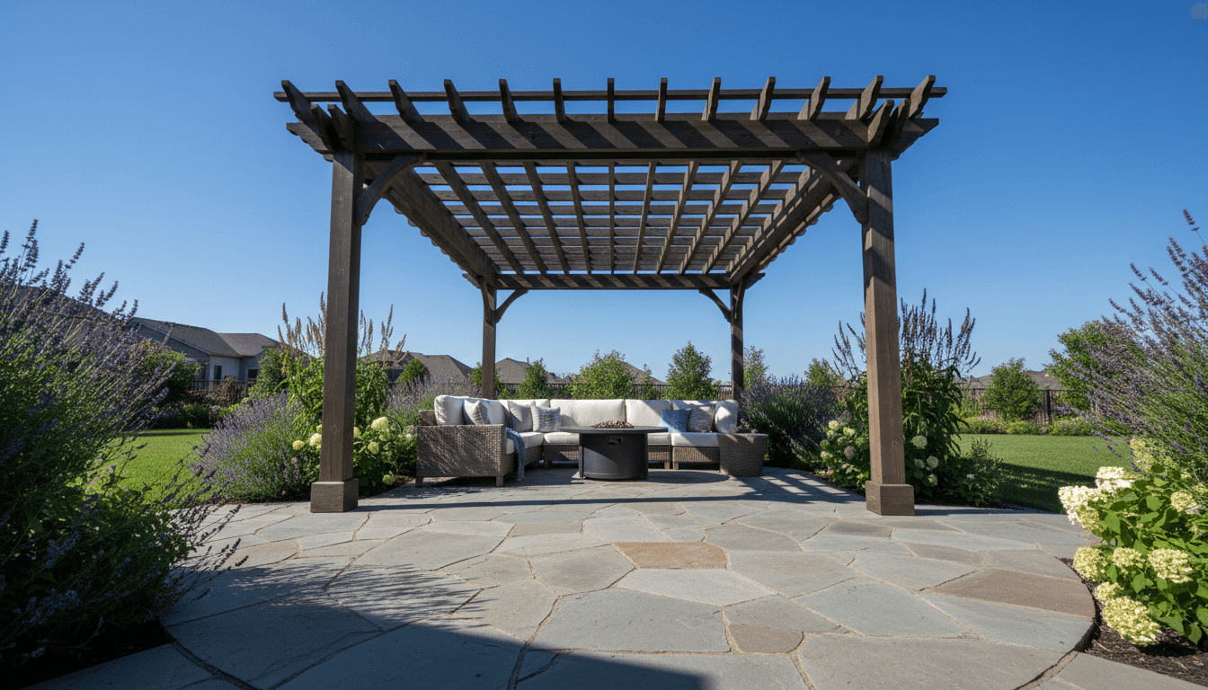 Wooden pergola providing shade over entertaining area in backyard