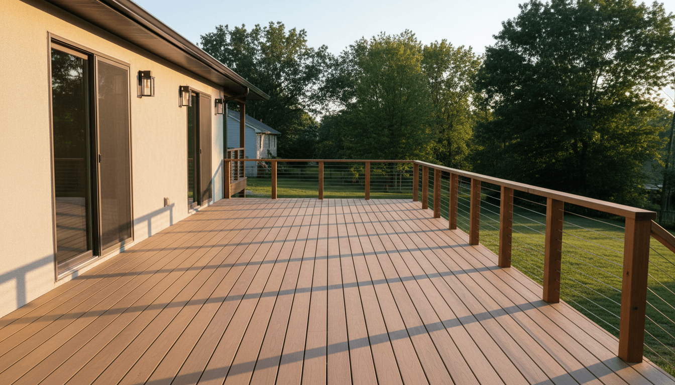 Custom composite deck with integrated seating and modern railings