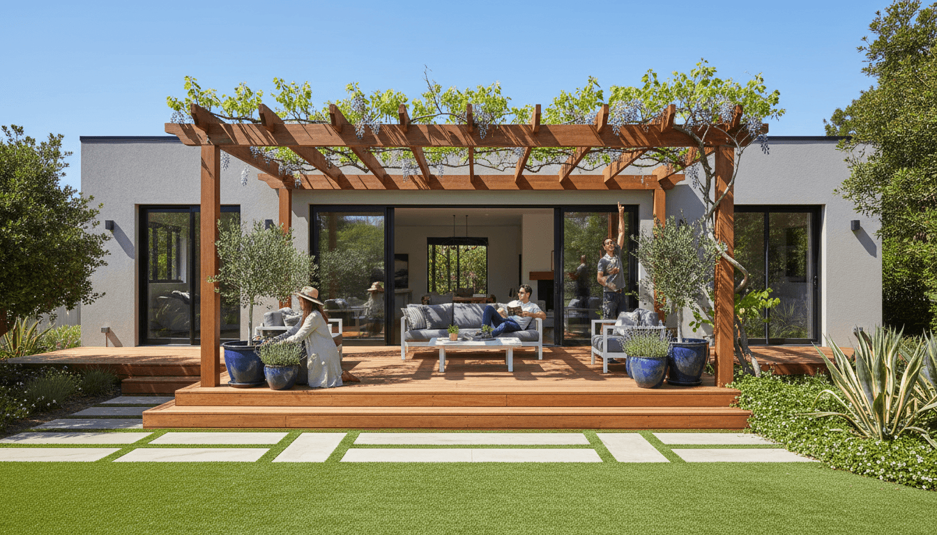 Custom backyard transformation with deck, pergola, and patio completed by ELRING BACKYARD BUILDS