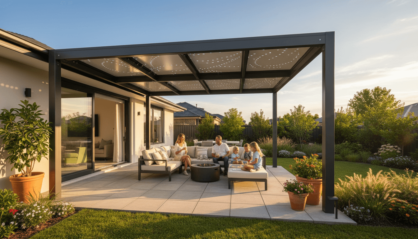 Beautiful completed backyard transformation with interlocking stone patio, wooden deck, and modern pergola structure