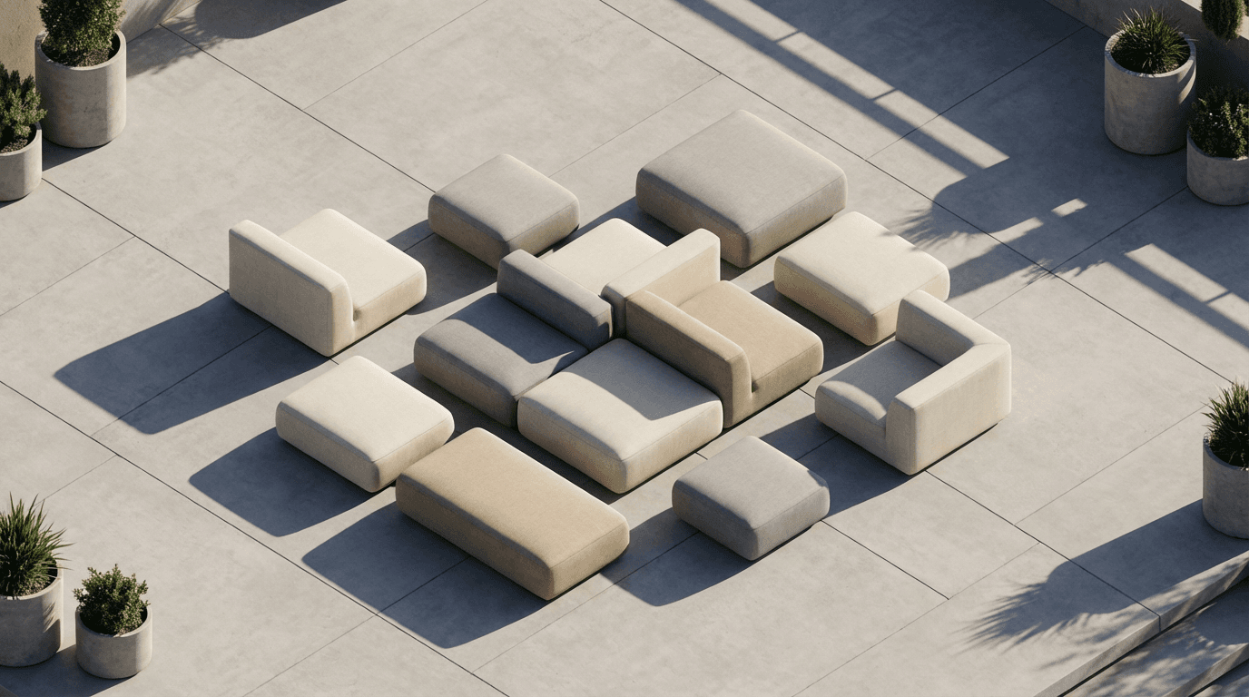 Interlocking stone patio with geometric pattern