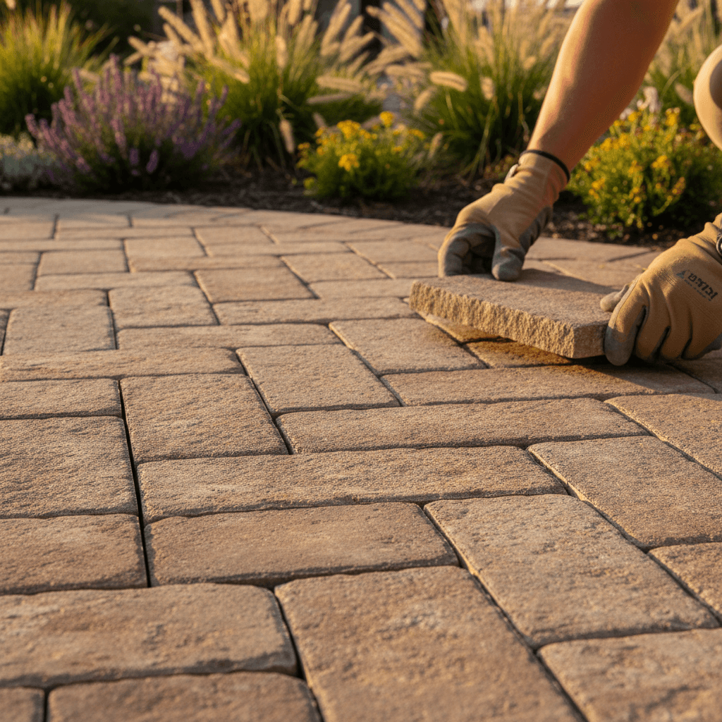 Geometric interlocking stone patio installed in residential backyard