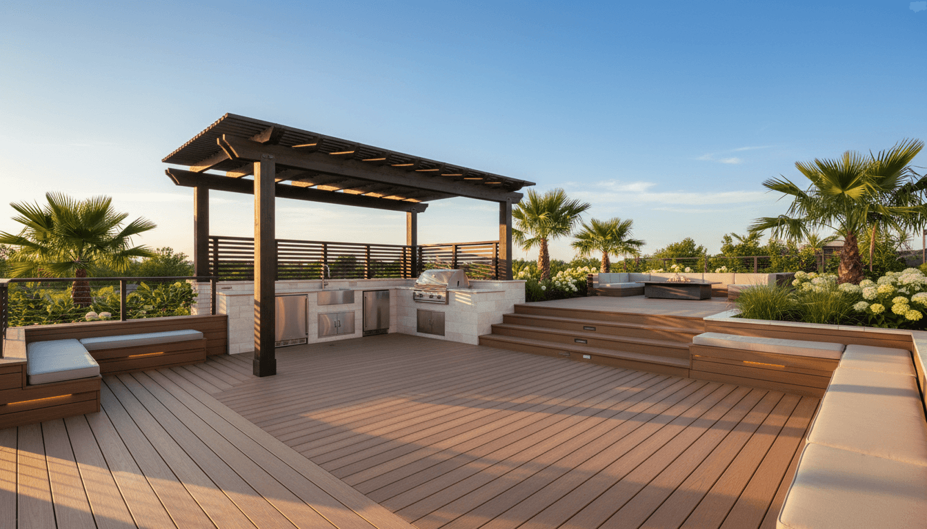 Custom backyard patio with modern deck and landscaping design